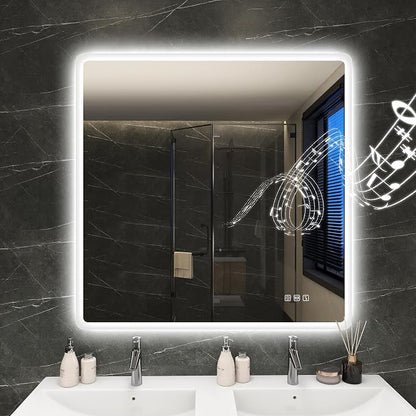S'bagno 36"x36" LED Bathroom Mirror with Lights, Bluetooth Speaker, Anti-Fog & Waterproof, Dimmable Wall Mirror with Touch Control, 3 Light Colors, Vertical or Horizontal