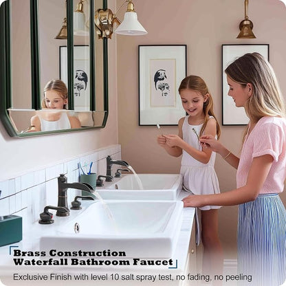 4-16 Inch Widespread Faucet Bronze Waterfall Bathroom Faucet 3 Hole Bathroom Sink Faucet, Brass Bath Faucets for Sink Two Handle Vanity Faucet with Drain and Supply Water Hose