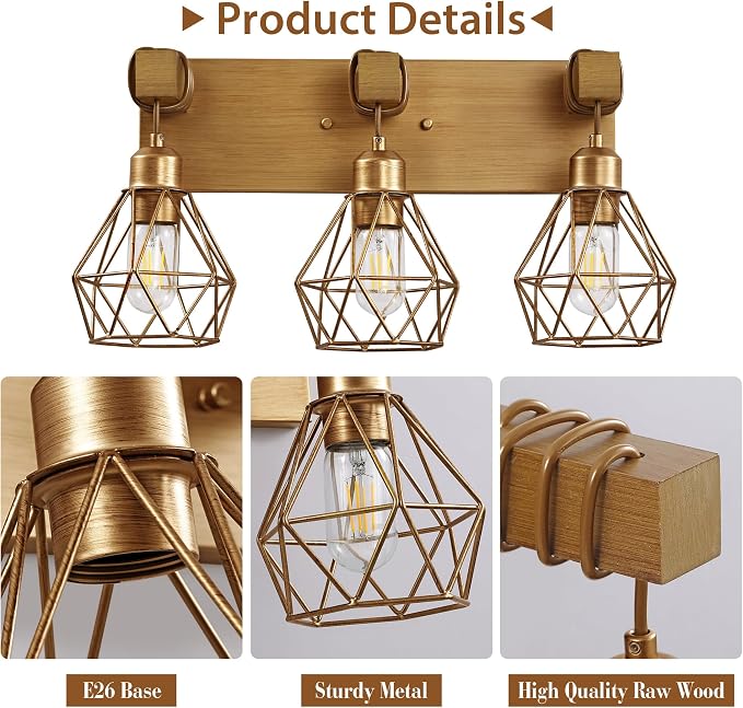 VbiTmn Bathroom Light Fixtures, 3 Light Brushed Gold Wood Vanity Lights | Farmhouse Design, Diamond Metal Shades, Easy to Install, Wall Sconces for Bathroom, Bedroom, Makeup Area, Over Vanity Mirror