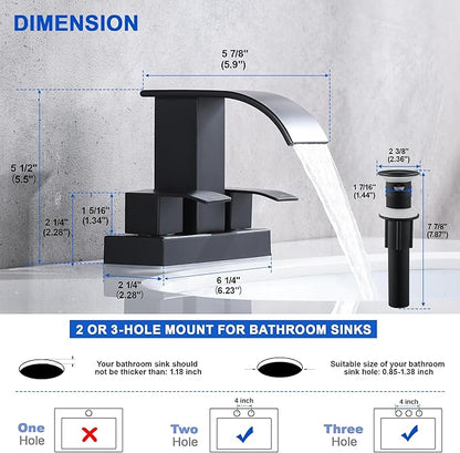 Black Waterfall Bathroom Sink Faucet with Pop up Sink Drain Stopper Overflow for Faucet Vessel, 4 Inch 2 Handles 2 or 3 Holes Centerset Faucet for Lavatory Bathroom Sink with Supply Lines