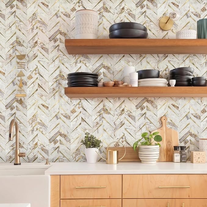 STICKGOO Herringbone Tile Peel and Stick Backsplash for Kitchen&Bathroom | 10-Sheet Self Adhesive Wall Tiles, Polished Pandora Marble Mixed Metal Gold PVC Stick on Backsplash Tile for Kitchen