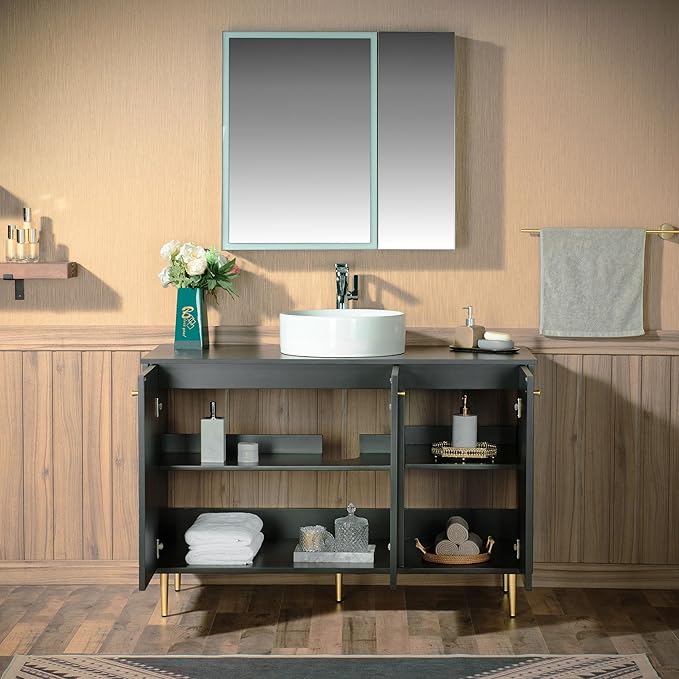 Woodbridge 48" Modern Bathroom Vanity with Round Ceramic Vessel Sinks & Black Engineered Stone Top, Matte Black Lacquer Finish and Gold Accents, Slim Frame Design, and Sleek Space-Saving Profile