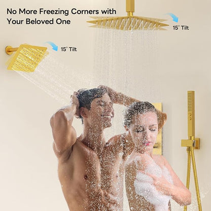 Shower Faucet Set,Thermostatic Shower System Brushed Gold,12 Inch Ceiling Mounted and 6 Inch Wall Mount Rain Shower Head with 2 in 1 Handhled,High Pressure Dual Shower Head Combo Set