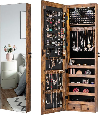Jewelry Armoire Wall or Door Mounted, Full-Length Mirror with Storage, Lockable Mirror Jewelry Cabinet w/ 2 Drawers, LED Lights, Over the Door Jewelry Organizer Box for Women Girls