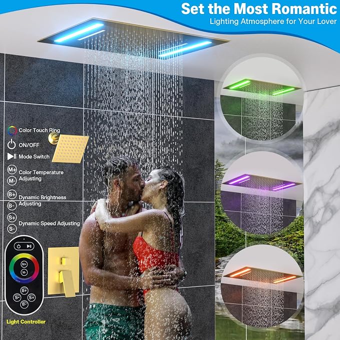 ENGA Dual Rain Shower Head System, 2 In 1 Functions Ceiling Mount 14x20inch LED Shower Head with 6 Inch Shower Head, Rainfall Waterfall Shower Faucet Set, Brushed Gold