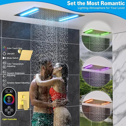 ENGA Dual Rain Shower Head System, 2 In 1 Functions Ceiling Mount 14x20inch LED Shower Head with 6 Inch Shower Head, Rainfall Waterfall Shower Faucet Set, Brushed Gold