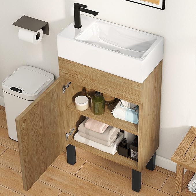 DWVO 16 Inch Bathroom Vanity Sink for Small Space, Freestanding Bathroom Cabinet with Undermount Ceramic Sink, Modern Bathroom Storge Vanity Soft-Close Doors, Natural Brown
