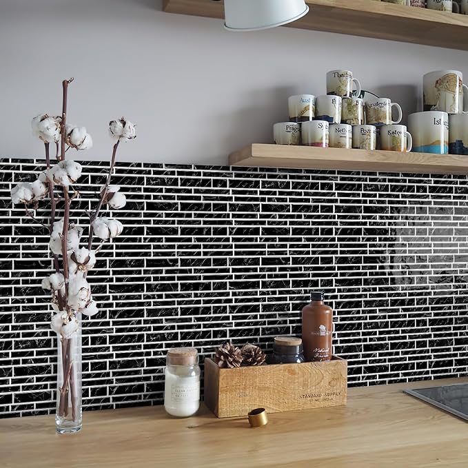 Alwayspon 10 Sheets 12" x12inch Black Marble Effect Vinyl Tiles, Backsplash, Self-Adhesive Peel and Stick Wall Tile Stickers, Stick on Subway Tiles for Kitchen Bathroom Wall Decor