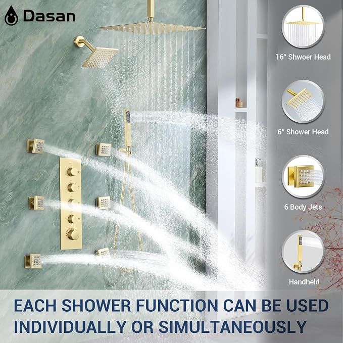 Dasan Thermostatic Dual Shower Head System with 6 Body Jets, 6-Inch Shower Head & 16” Rainfall Shower, Luxury Brushed Gold Shower Faucet Set Tandem Rain Shower Head System for Couples/ 2-Person