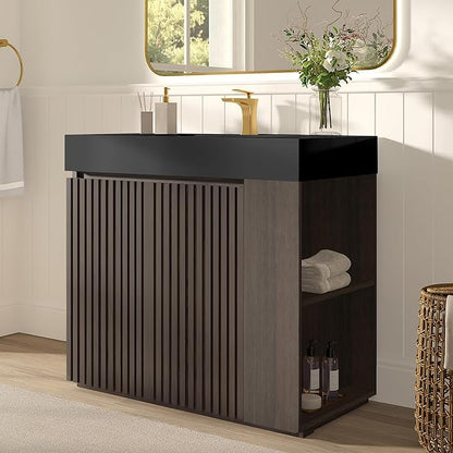 36" Bathroom Vanity with Sink, Freestanding Single Sink Bathroom Vanity with Black Engineered Stone Top & Open Side Storage, Soft-Closing Doors with Adjustable Shelf, Smoked Oak Brown