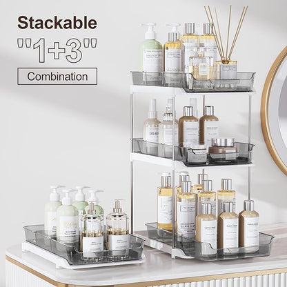 Delamu 2-Tier Multi-Purpose Bathroom Under Sink Organizers and Storage, Stackable Kitchen Pantry Organization, Pull Out Medicine Cabinet Organizer with Movable Dividers, Grey, 4 Pack