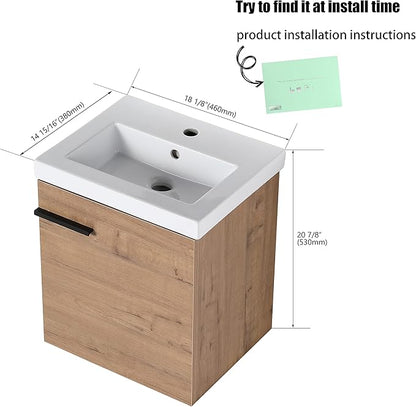 18" Bathroom Vanity with Sink, 18 Inch Floating Bathroom Vanity for Small Space, Modern Bathroom Vanity, Brown Wall Mounted Cabinet Set（017）