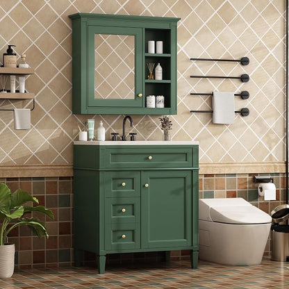 Merax 30 Inch Bathroom Vanity with Sink Set, Modern Bathroom Vanity Storage Cabinet with Matching Mirror Medicine Cabinet, Solid Wood Frame，Painted Finish, 2 Drawers and 1 Tip-Out Drawer, Green