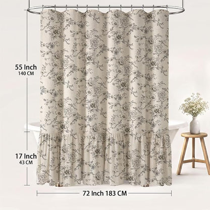 Floral Farmhouse Shower Curtain with Ruffle Hem for Bathroom | Vintage Classy Country Style, Rustic Natural Linen Blend Fabric, 72" x 72"