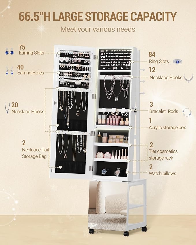 Hzuaneri Jewelry Cabinet with Light strip, 66.5-inch mirror Jewelry Armoire Standing with Garment Rack,Movable Full-length Mirror with Wheels,Lockable Storage Shelves with Hooks, White JC17103B