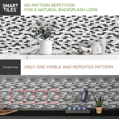 Smart Tiles Peel and Stick backsplash, Subway Pearl Gray, 10.95"x9.7" | Pack of 10 (6.3 sq ft), Glossy, Heat/Moisture Resistant, Low VOC, Kitchen/Bathroom, Renter Friendly, Made in Canada