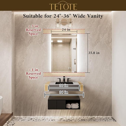 24 x 36 Backlit Bathroom Mirror, Frameless LED Mirror for Bathroom, Tempered Glass, 3 Colors Lights, Defogging, Dimmable, Memory Function, Light Up Bathroom Mirrors for Over Sink
