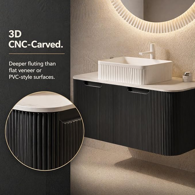 48 Inch Bathroom Vanity with Sink, Floating Wall Mounted Single Sink Vanity, Black Curved Fluted Front, Stone Top, White Textured Rectangular Vessel Basin, Pre-Assembled