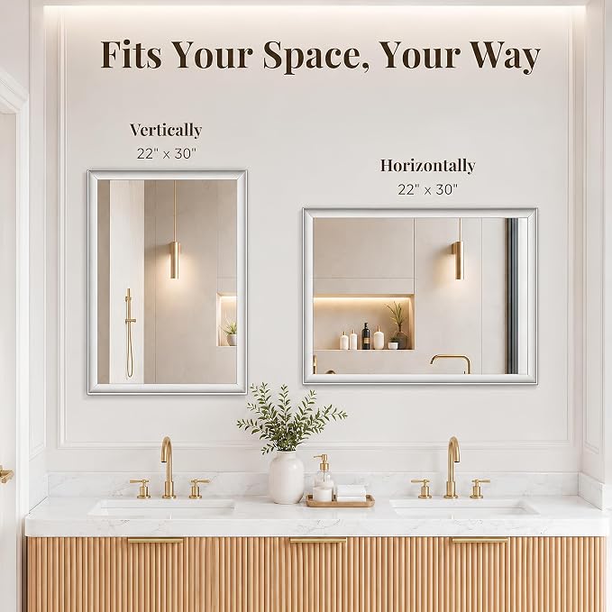 Brushed Nickel Bathroom Mirrors for Over Sink 22x30 Inch | Curved Aluminum Frame Rectangle Vanity Mirror for Bedroom Entryway, HD Tempered Glass, Anti-Rust, Horizontal or Vertical