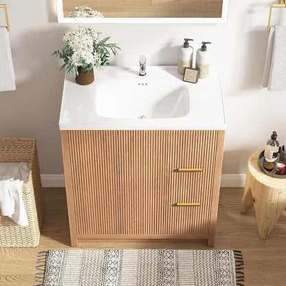 Bathroom Vanity with Sink, 32 Inch Single Bathroom Vanity with Sink with Storage Cabinet, 2 Drawers & 2 Doors, Solid Wood Storage Cabinet with Ceramic Basin for Bathroom, Nature Oak