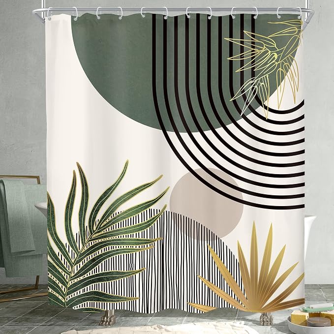 Mid Century Dark Green Boho Abstract Modern Bathroom Shower Curtain Set | 60Wx72L Gold design, waterproof HD print with fast-drying fabric and 12 hooks.