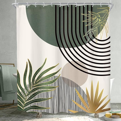Mid Century Dark Green Boho Abstract Modern Bathroom Shower Curtain Set | 60Wx72L Gold design, waterproof HD print with fast-drying fabric and 12 hooks.