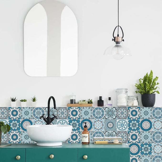 Easy Peel Stick Vinyl Moroccan Tile Decals 4x4in Stick on backsplash,24Pc | Waterproof&heat resistant tile stickers for kitchen RV laundry backsplash decor,remove no damaging,cyan mandala pattern