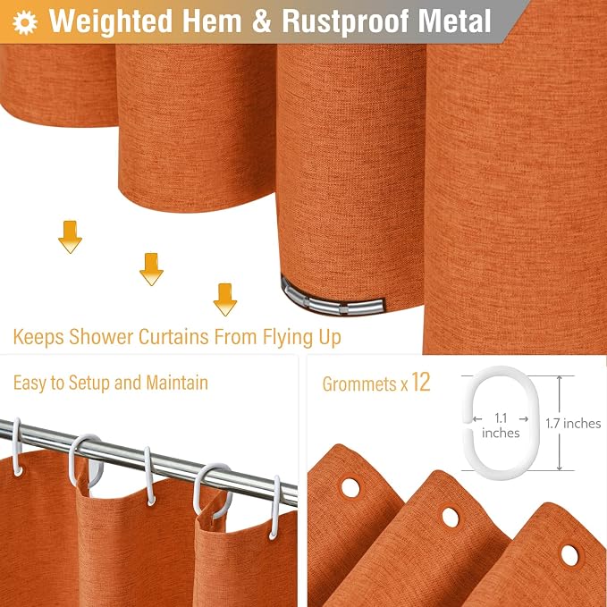 Extra Long Linen Textured Waterproof Shower Curtain, 72x96, Orange | Extra Tall Size, 230GSM Polyester, Heavy Duty Cloth, Weighted Hem, 12 Plastic Hooks, Modern Hotel Style, Machine Washable