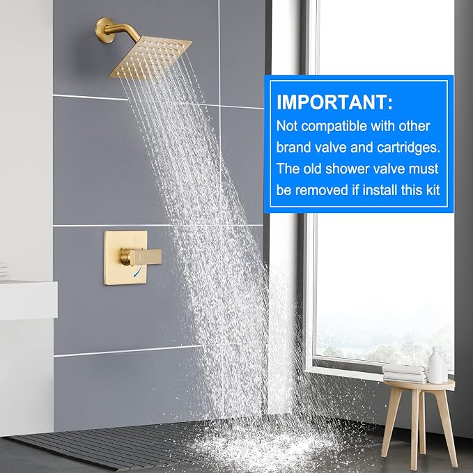 Esnbia Shower Kit, Shower Faucet Set（Valve Included) with 6-Inch Rain Shower Head, Single-Handle Shower Trim Kit, Brushed Gold | Complete tub and shower trim kit with 6-inch rainfall head, single-handle control, tub spout, and valve. Brushed Gold finish.