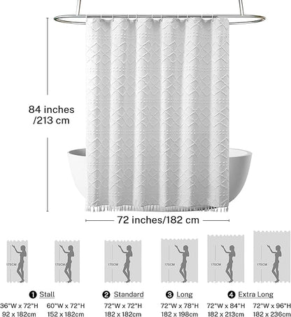 Extra Long White Textured Woven Fabric Boho Shower Curtain with Tassels 72 x 84 Modern Farmhouse Minimalist, Tufted Chevron Striped Shabby Chic, Water Resistant Cloth Curtain for Bathroom, Hotel Decor