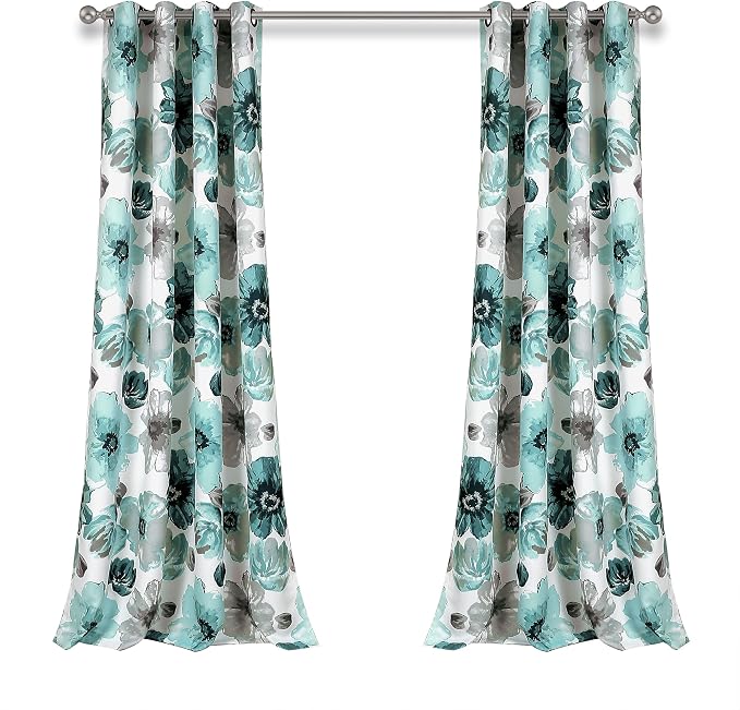 Lush Decor Leah Light Filtering Window Curtain Panels, Pair, 52" W x 95" L, Blue - Floral Drapes for Bedroom - Blue Curtains - Farmhouse Decor