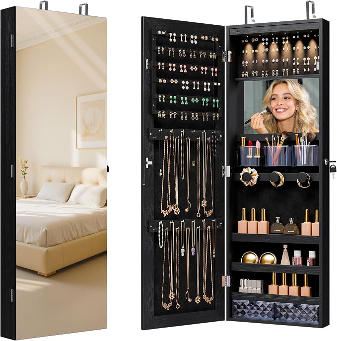 Unisakey Mirror Jewelry Cabinet,Lockable Wall or Door Mounted Jewelry Armoire Organizer With Built-up Mirror,LED Lights, Drawers,Cosmetic Trays,Shelves, 14.4"x3.15"x 43.1"（Black） | Door or Wall Mount Flexible,Drawers Cosmetic Trays Shelves Inside,Built...