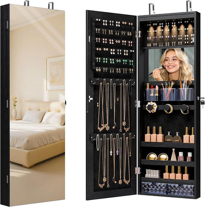 Unisakey Mirror Jewelry Cabinet,Lockable Wall or Door Mounted Jewelry Armoire Organizer With Built-up Mirror,LED Lights, Drawers,Cosmetic Trays,Shelves, 14.4"x3.15"x 43.1"（Black） | Door or Wall Mount Flexible,Drawers Cosmetic Trays Shelves Inside,Built...