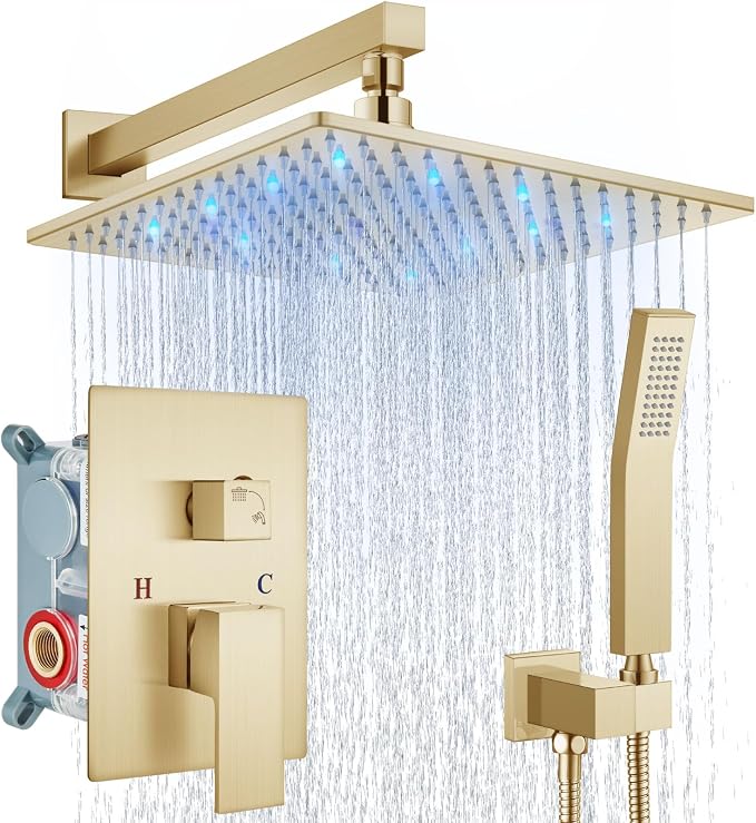 Aolemi Shower Faucet Set with Valve Handheld 12" LED Head Brushed Gold | Handheld Spray,12 Inch Rain LED Head,Valve and Trim Kit,All Metal,Wall Mount Shower System,Bathroom Mixer