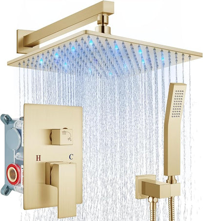 Aolemi Shower Faucet Set with Valve Handheld 12" LED Head Brushed Gold | Handheld Spray,12 Inch Rain LED Head,Valve and Trim Kit,All Metal,Wall Mount Shower System,Bathroom Mixer