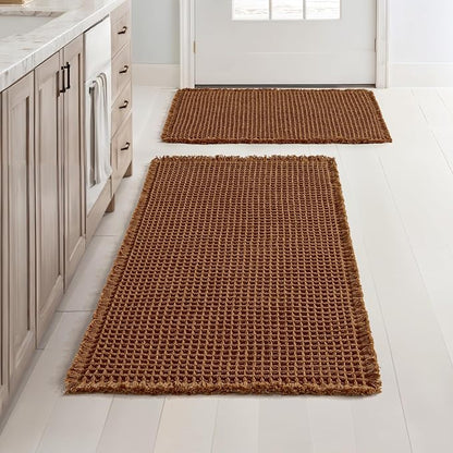 MIULEE Set of 2 Waffle Bathroom Rugs Boho Bath Mat Caramel 17"x24"+20"x32" | Non Slip, Super Absorbent, Washable, Ultra Soft, Rubber Backed Bath Rugs for Bathroom Floor Tub Shower