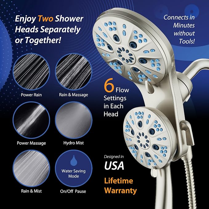 AquaCare Magneton 48-Mode High Pressure Rain & Handheld Shower Head Combo | Space-age Magnetic Guidance Docking, Dual 6-mode Heads with Hygienic Jets, Extra-long 6 ft. Stainless Steel Hose / Nickel