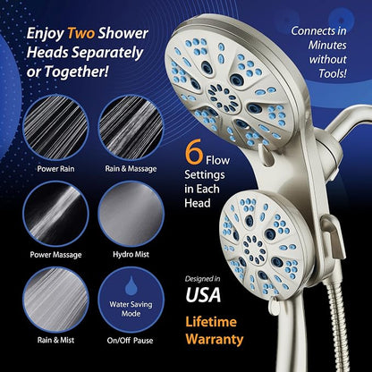 AquaCare Magneton 48-Mode High Pressure Rain & Handheld Shower Head Combo | Space-age Magnetic Guidance Docking, Dual 6-mode Heads with Hygienic Jets, Extra-long 6 ft. Stainless Steel Hose / Nickel