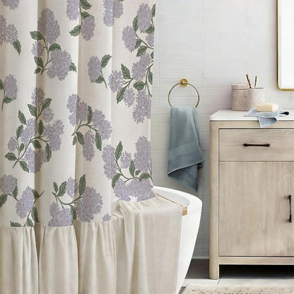 ORTIGIA Linen Textured Ruffle Shower Curtain with Metal Hooks, Vintage Purple Hydrangea Floral Boho Waterproof Bath Curtain for Rustic Farmhouse Bathroom Decor 72x72 Inch