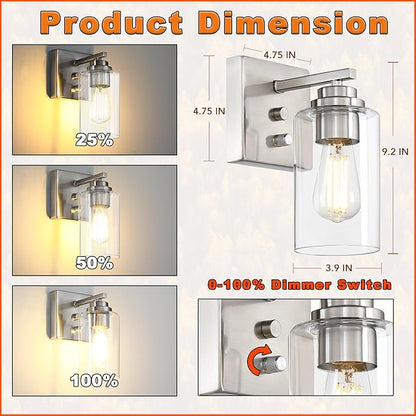 Wall Sconces Set of Two, Brushed Nickel Wall Sconce with Rotary Switch, Sconces Wall Lighting, Bedside Wall Lamps, Light Fixtures for Bathroom Bedroom Living Room Hallway Kitchen
