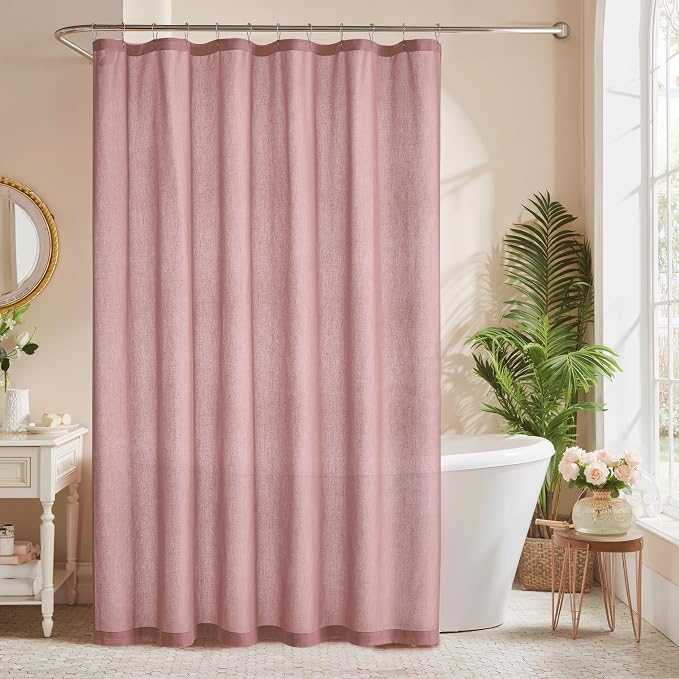KGORGE Linen Fabric Shower Curtains-Semi Sheer Button Hole Lightweight Waterproof Privacy Light Filtering Shower Curtains for Nursery Bathroom with 12 Hooks, 72 x 72 inches Long, Dusty Pink, 1 Panel