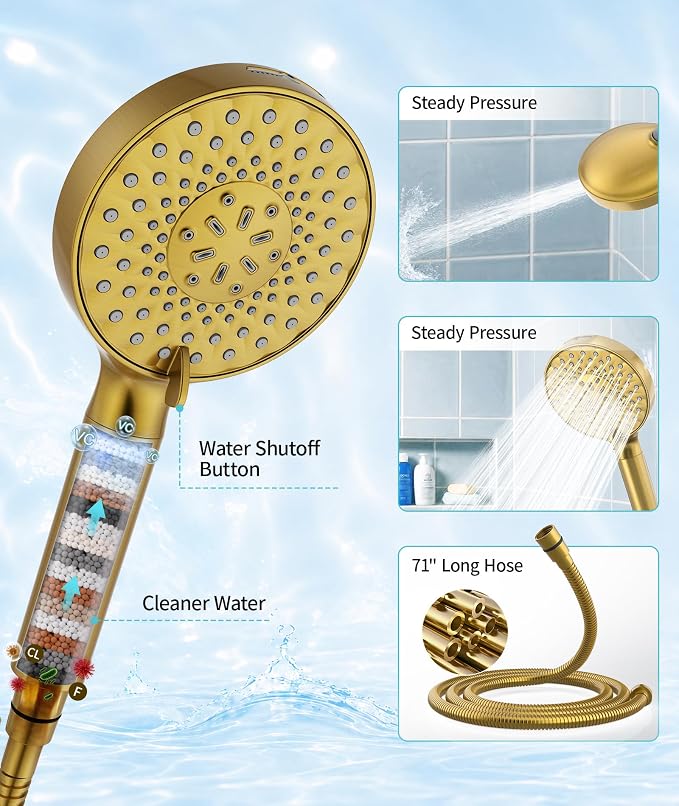 SR SUN RISE Filtered Shower Head with Handheld High Pressure 9 Spray Mode Showerhead Detachable Shower Head Water Softener Filters 1 Filter Brushed Gold