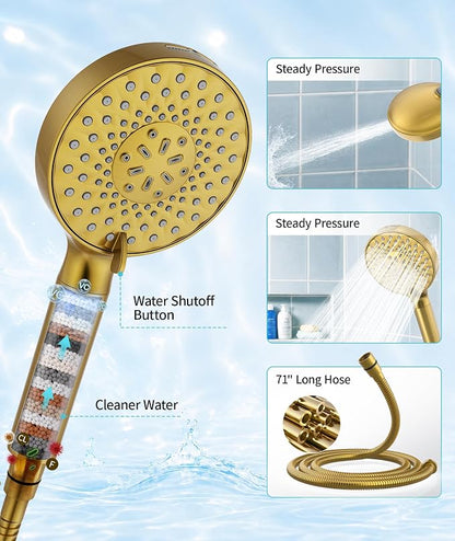 SR SUN RISE Filtered Shower Head with Handheld High Pressure 9 Spray Mode Showerhead Detachable Shower Head Water Softener Filters 1 Filter Brushed Gold