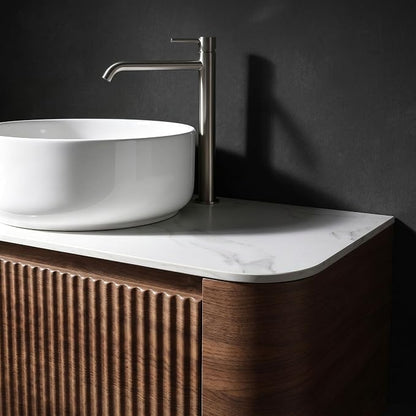 72" Preassembled Double Floating Bathroom Vanity with Round Sink, Walnut | Mid-Century Modern Style, Fluted & Soft-Close Drawer with U-shaped Wall, Sinterted Stone Countertop, Towel Rack Included