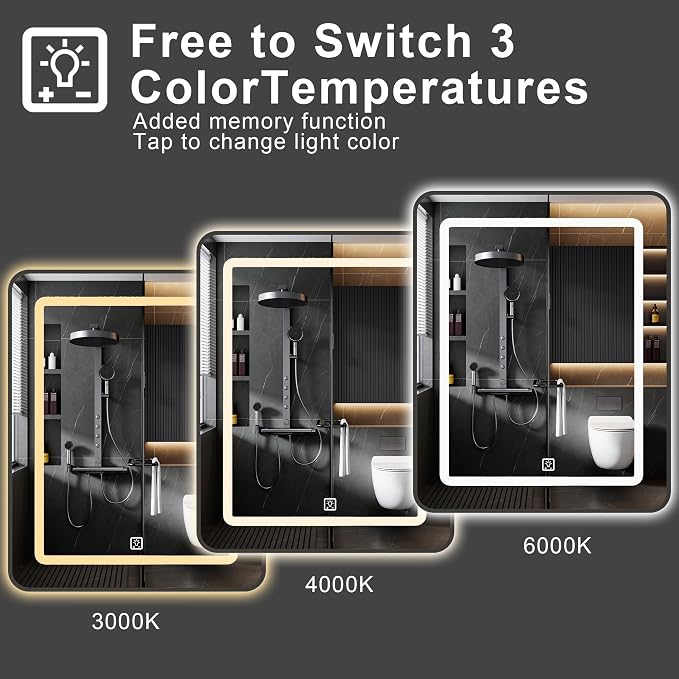 24 x 30 Inch LED Medicine Cabinet with Mirror, Recessed or Surface Mount, Soft Close Hinges, Adjustable Shelves, Black