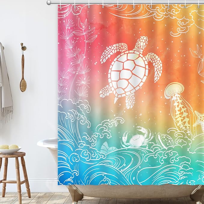 Beach Ocean Shower Curtain, Sea Turtle Drift bottle Summer Shower Curtain | Beach Shower Curtain for Bathroom Waterproof Polyester Fabric Machine Washable Home Farmhouse Decor Bath Curtains 72x72
