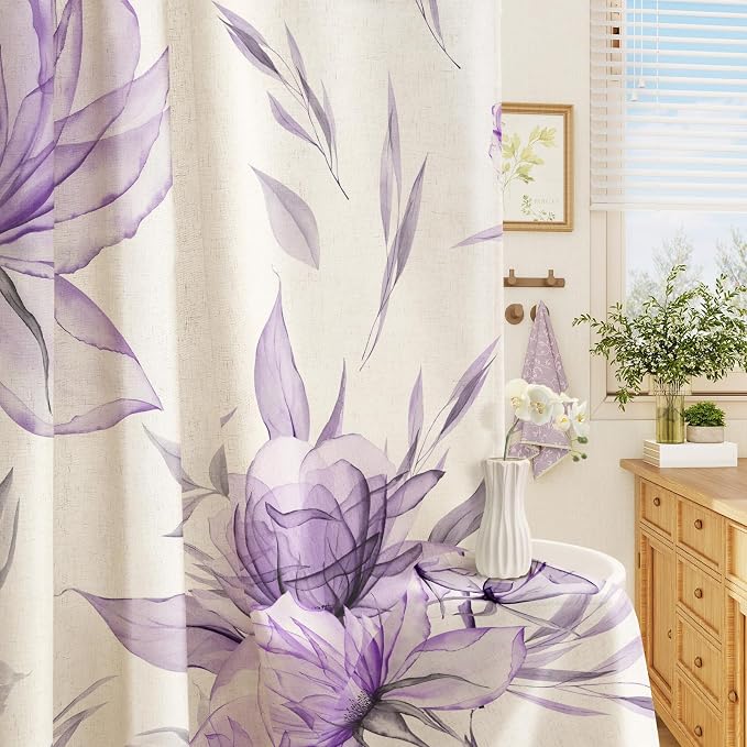 Purple Floral Linen Shower Curtain, Watercolor Botanical Design, 72 x 72 | Boho Floral Design, Watercolor Botanical Style, Ink Painting Flowers & Leaves, Linen Blend Fabric Curtain