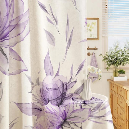 Purple Floral Linen Shower Curtain, Watercolor Botanical Design, 72 x 72 | Boho Floral Design, Watercolor Botanical Style, Ink Painting Flowers & Leaves, Linen Blend Fabric Curtain