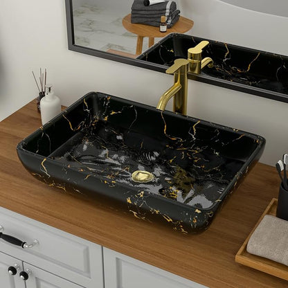 Logmey Rectangle Marble Black Vessel Sink | 23"x15" Ceramic Countertop Bathroom Sink Modern Black Yellow Marble Pattern Porcelain Vanity Sink Lavatory Art Basin