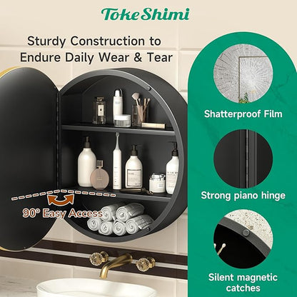20 Inch Round Gold Framed Medicine Cabinet for Bathroom with Vanity Mirror Small Metal Bathroom Mirrored Cabinet for Wall Mounted Only Circle Farmhouse Medicine Cabinet Detachable Shelves